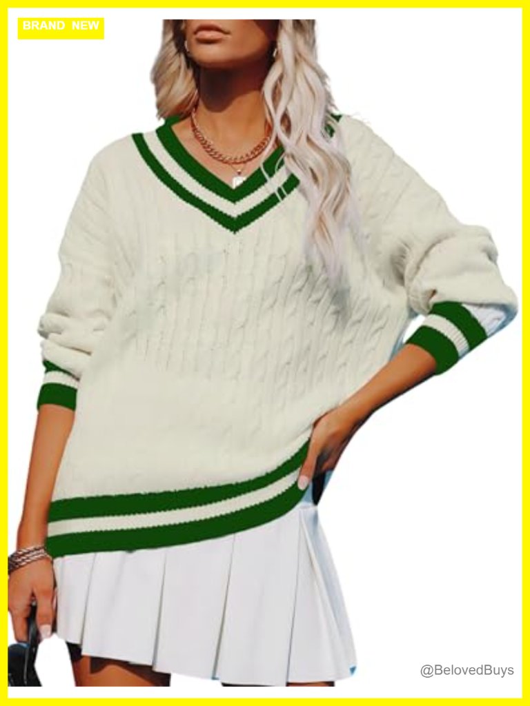 V-Neck Long Sleeve Cable Knit Sweater Striped Pullover